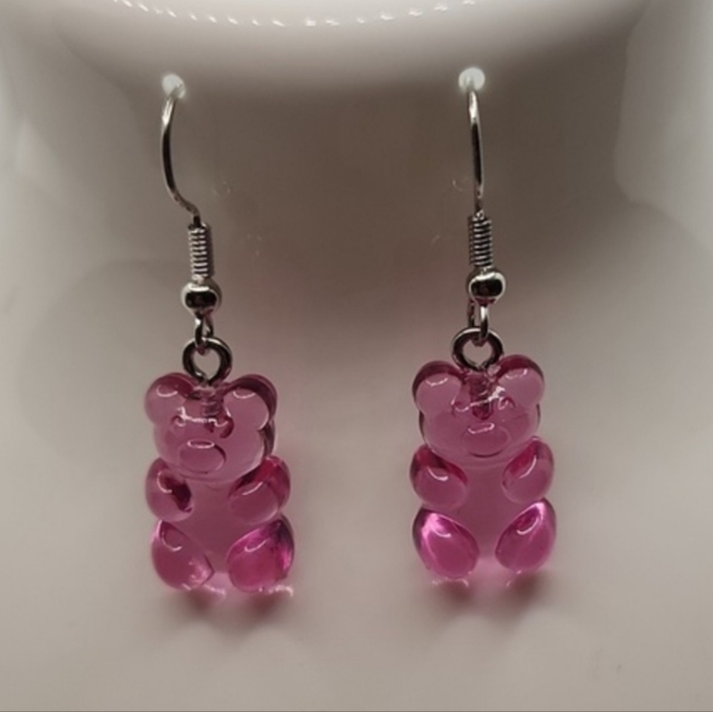 Gummy Bear Candy Dangle Drop Food Novelty Resin Earrings Pink